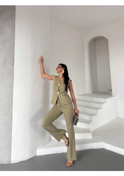 Kadın Gold Kurabiye Düğmeli Yelek Pantolon Takım Elbise