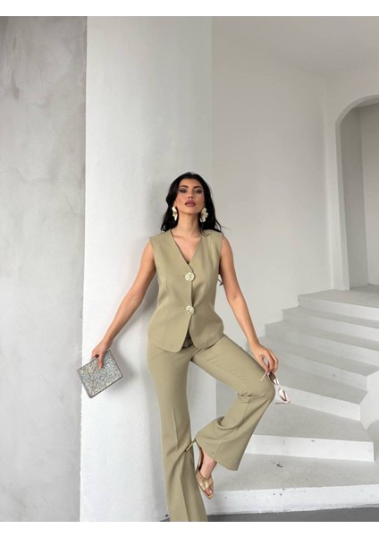 Kadın Gold Kurabiye Düğmeli Yelek Pantolon Takım Elbise indirimleri