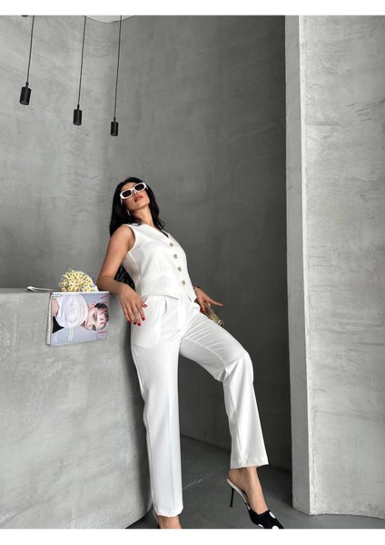 Kadın Alt Üst Takım Şık Taş Düğme Detaylı Premium Yelek Pantolon Ikili Takım Elbise modelleri