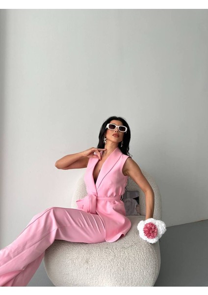 Kadın Şal Yaka Kuşaklı Yelekli Palazzo Pantolonlu Takım Elbise