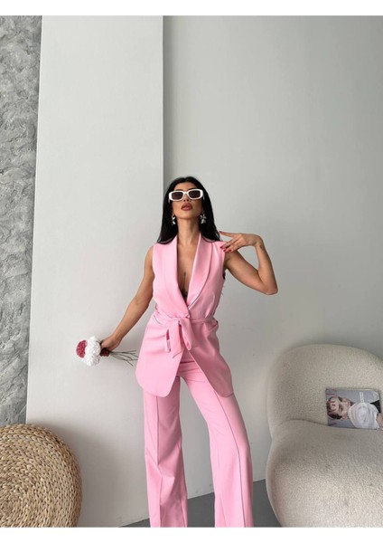 Kadın Şal Yaka Kuşaklı Yelekli Palazzo Pantolonlu Takım Elbise modelleri