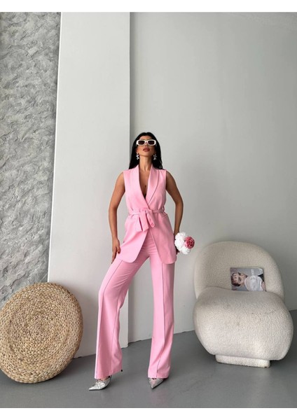 Kadın Şal Yaka Kuşaklı Yelekli Palazzo Pantolonlu Takım Elbise fırsatları