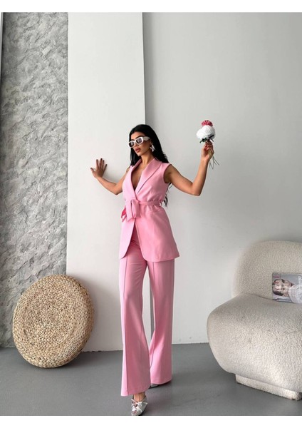 Kadın Şal Yaka Kuşaklı Yelekli Palazzo Pantolonlu Takım Elbise