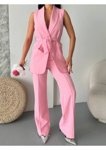 Kadın Şal Yaka Kuşaklı Yelekli Palazzo Pantolonlu Takım Elbise