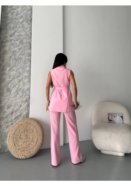 Kadın Şal Yaka Kuşaklı Yelekli Palazzo Pantolonlu Takım Elbise