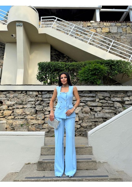 Kadın Düğmeli Yelek Pantolon Kare Yaka Takım modelleri