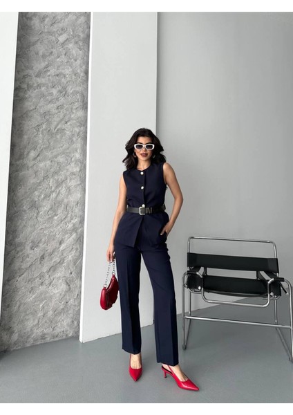 Kadın Kemerli Yelek Palazzo Pantolon Ikili Takım Elbise