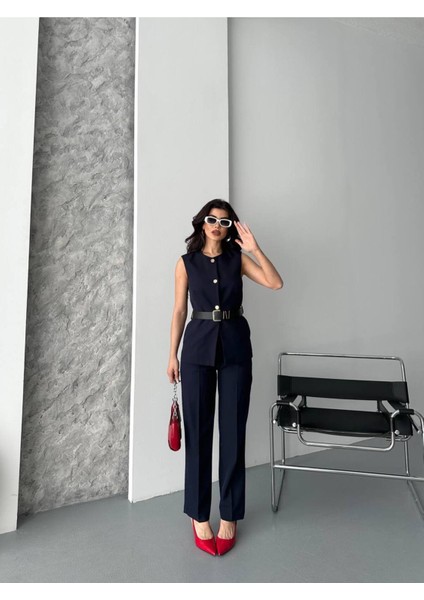 Kadın Kemerli Yelek Palazzo Pantolon Ikili Takım Elbise fiyatları