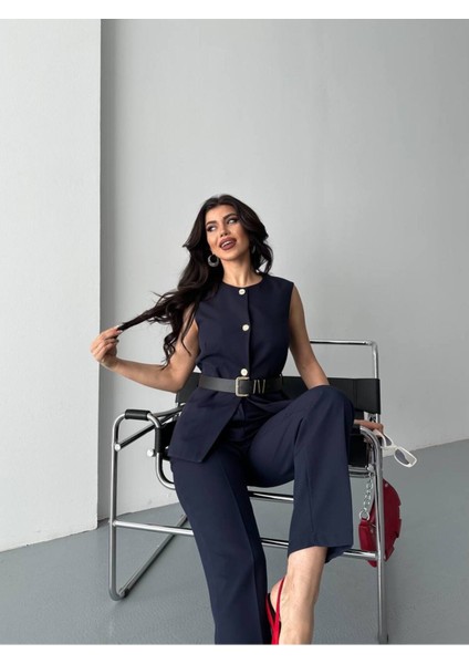 Kadın Kemerli Yelek Palazzo Pantolon Ikili Takım Elbise fırsatları