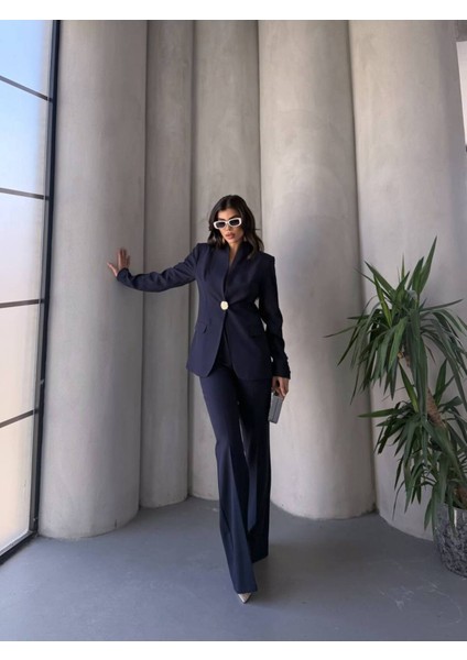 Kadın Gold Kurabiye Düğmeli Blazer Ceket Palazzo Pantolon Takım Elbise