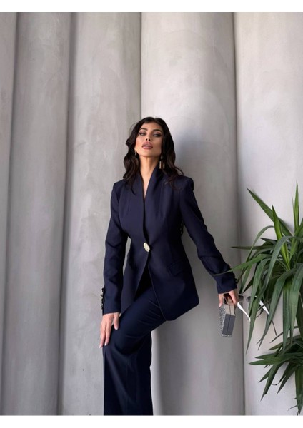 Kadın Gold Kurabiye Düğmeli Blazer Ceket Palazzo Pantolon Takım Elbise