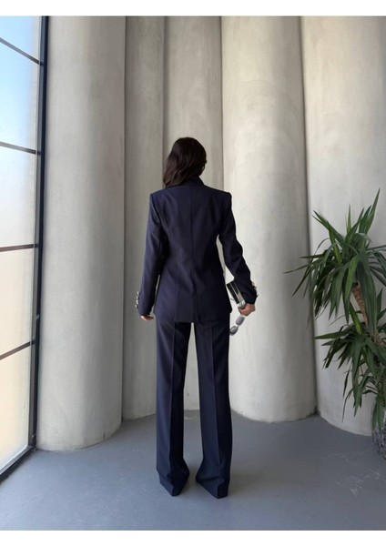 Kadın Gold Kurabiye Düğmeli Blazer Ceket Palazzo Pantolon Takım Elbise