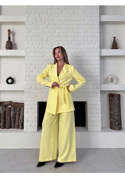 Kadın Yandan Bağlamalı Ikili Kuşaklı Blazer Ceket Pantolon Takım fiyatları