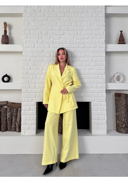 Kadın Yandan Bağlamalı Ikili Kuşaklı Blazer Ceket Pantolon Takım fırsatları