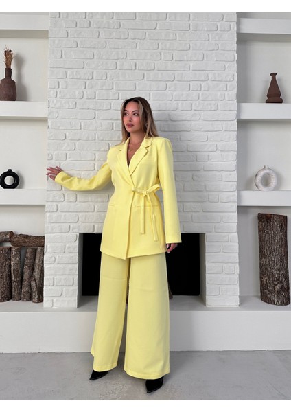Kadın Yandan Bağlamalı Ikili Kuşaklı Blazer Ceket Pantolon Takım indirimleri