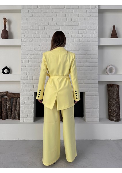 Kadın Yandan Bağlamalı Ikili Kuşaklı Blazer Ceket Pantolon Takım
