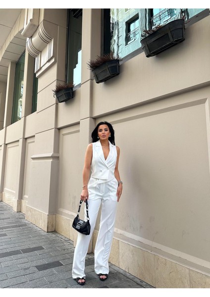 Kadın Asimetrik Kesim Yelek Palazzo Pantolon Takım Elbise