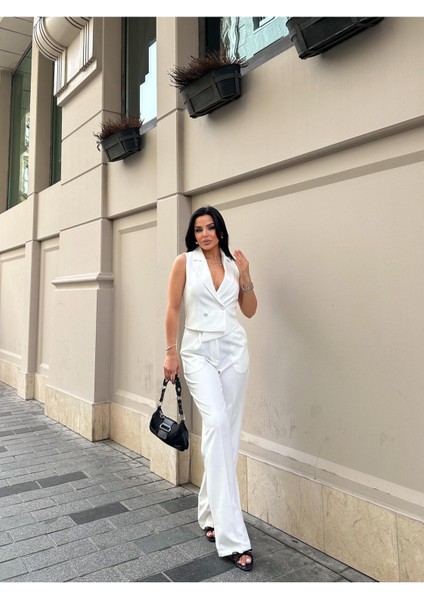Kadın Asimetrik Kesim Yelek Palazzo Pantolon Takım Elbise modelleri