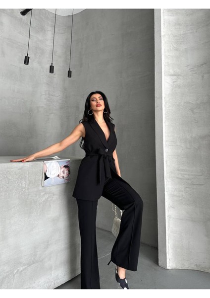 Kadın Şal Yaka Kuşaklı Yelekli Palazzo Pantolonlu Takım Elbise indirimleri