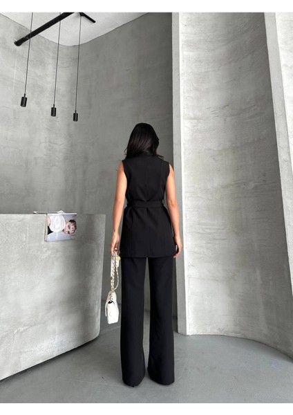 Kadın Şal Yaka Kuşaklı Yelekli Palazzo Pantolonlu Takım Elbise