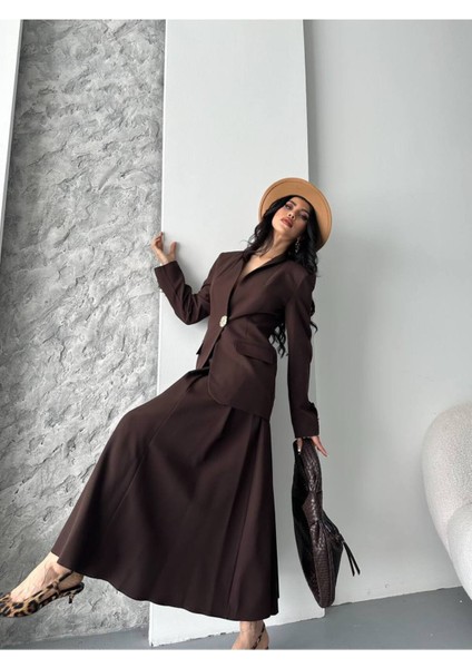 Kadın Gold Kurabiye Düğmeli Blazer Ceket Etek Takım Elbise fiyatları