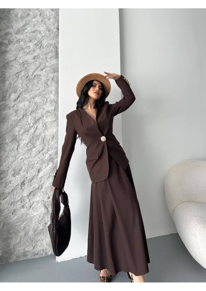 Kadın Gold Kurabiye Düğmeli Blazer Ceket Etek Takım Elbise modelleri