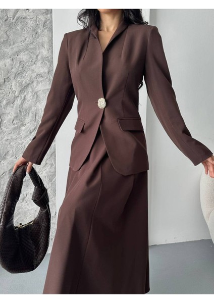 Kadın Gold Kurabiye Düğmeli Blazer Ceket Etek Takım Elbise