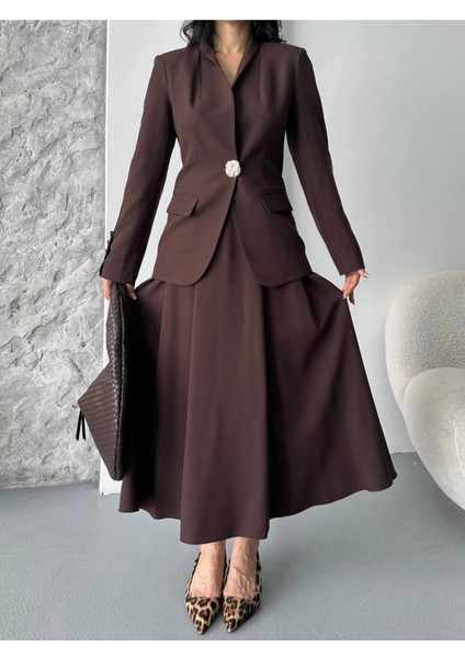 Kadın Gold Kurabiye Düğmeli Blazer Ceket Etek Takım Elbise