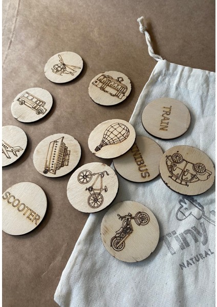 Doğal Ahşap Eğitim Kartları: Araçlar Serisi Ingilizce Kelime Kartları