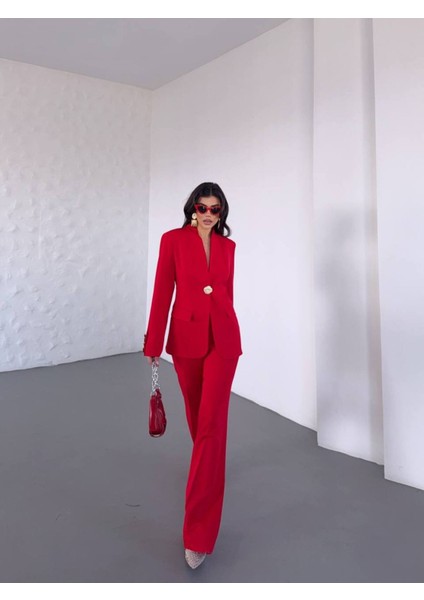 Kadın Gold Kurabiye Düğmeli Blazer Ceket Palazzo Pantolon Takım Elbise fiyatları