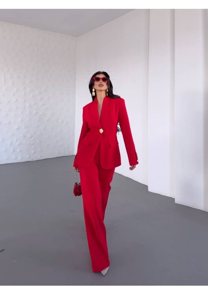 Kadın Gold Kurabiye Düğmeli Blazer Ceket Palazzo Pantolon Takım Elbise modelleri