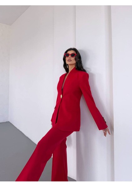 Kadın Gold Kurabiye Düğmeli Blazer Ceket Palazzo Pantolon Takım Elbise indirimleri