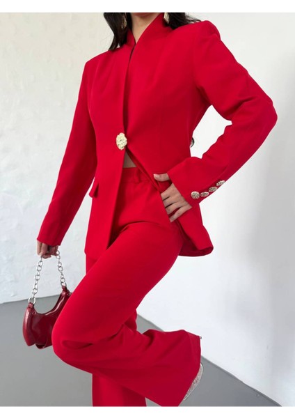 Kadın Gold Kurabiye Düğmeli Blazer Ceket Palazzo Pantolon Takım Elbise