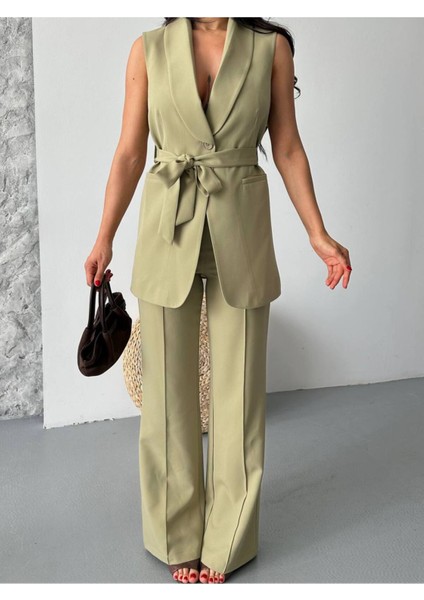 Kadın Şal Yaka Kuşaklı Yelekli Palazzo Pantolonlu Takım Elbise