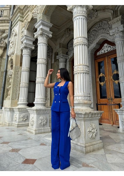 Kadın Düğmeli Yelek Pantolon Kare Yaka Takım modelleri