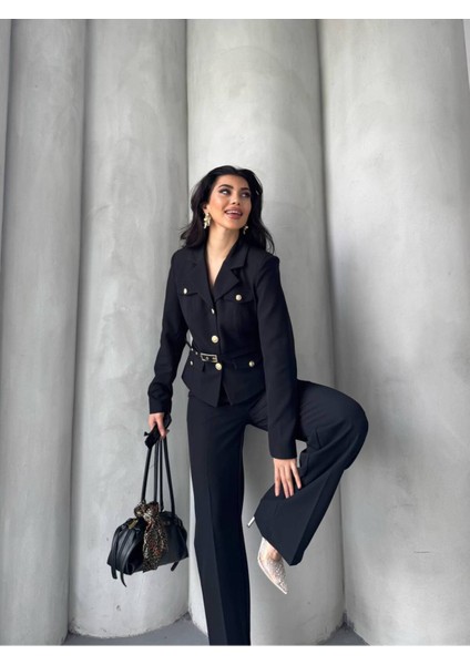 Kadın Kemerli Gold Düğmeli Ceket Palazzo Pantolon Takım Elbise