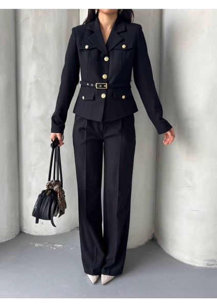 Kadın Kemerli Gold Düğmeli Ceket Palazzo Pantolon Takım Elbise modelleri