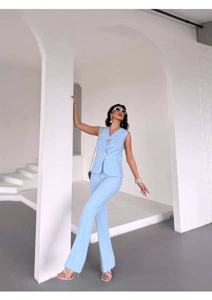 Kadın Gold Kurabiye Düğmeli Yelek Pantolon Takım Elbise fiyatları