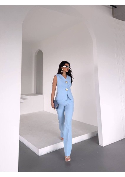 Kadın Gold Kurabiye Düğmeli Yelek Pantolon Takım Elbise modelleri