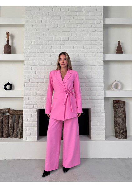Kadın Yandan Bağlamalı Ikili Kuşaklı Blazer Ceket Pantolon Takım fiyatları