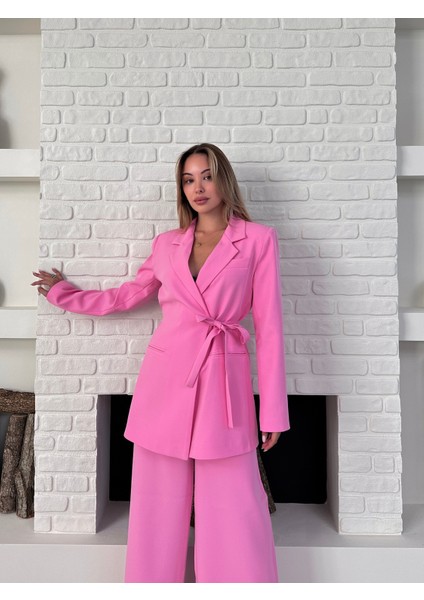 Kadın Yandan Bağlamalı Ikili Kuşaklı Blazer Ceket Pantolon Takım