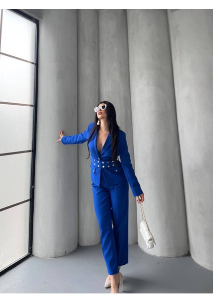 Kadın Zımba Kemer Detaylı Çıtçıtlı Cekete Palazzo Pantolon Şık Takım Elbise fiyatları