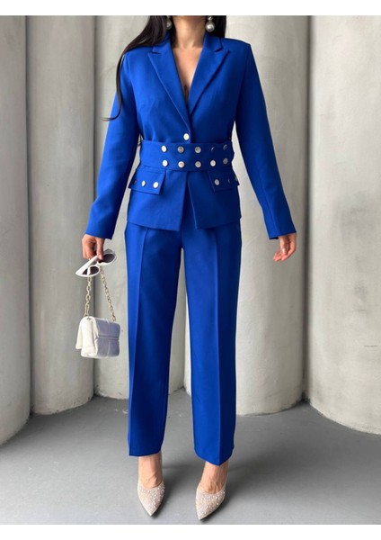 Kadın Zımba Kemer Detaylı Çıtçıtlı Cekete Palazzo Pantolon Şık Takım Elbise