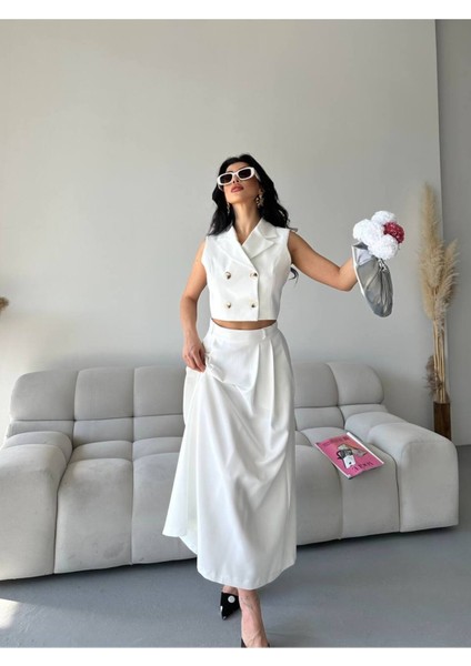 Kadın Alt Üst Takım Düğme Detaylı Premium Yelek Etek Ikili Takım Elbise