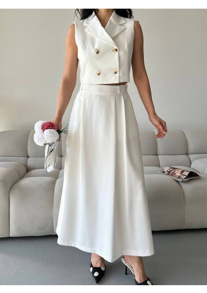 Kadın Alt Üst Takım Düğme Detaylı Premium Yelek Etek Ikili Takım Elbise