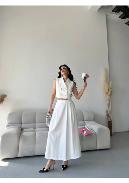 Kadın Alt Üst Takım Düğme Detaylı Premium Yelek Etek Ikili Takım Elbise