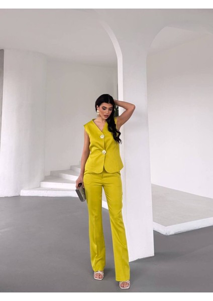 Kadın Gold Kurabiye Düğmeli Yelek Pantolon Takım Elbise
