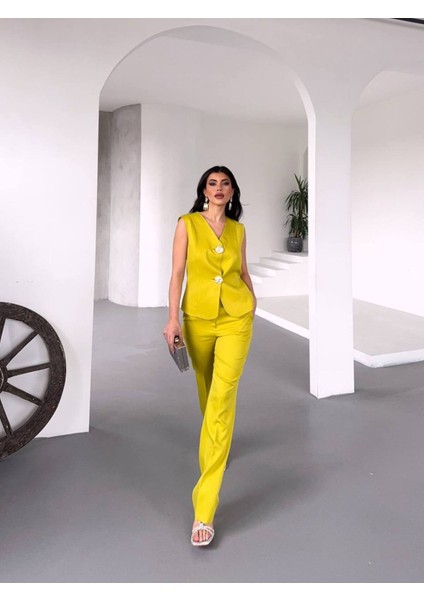 Kadın Gold Kurabiye Düğmeli Yelek Pantolon Takım Elbise fiyatları