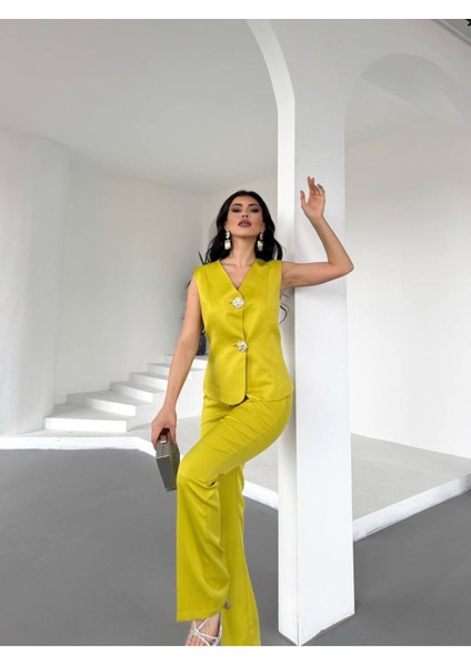 Kadın Gold Kurabiye Düğmeli Yelek Pantolon Takım Elbise