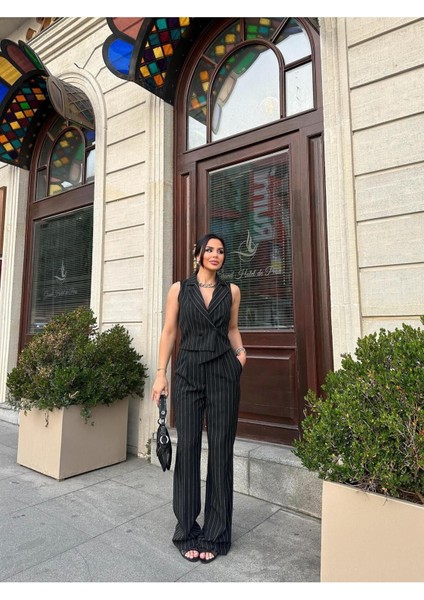 Kadın Çizgili Asimetrik Kesim Yelek Palazzo Pantolon Takım Elbise